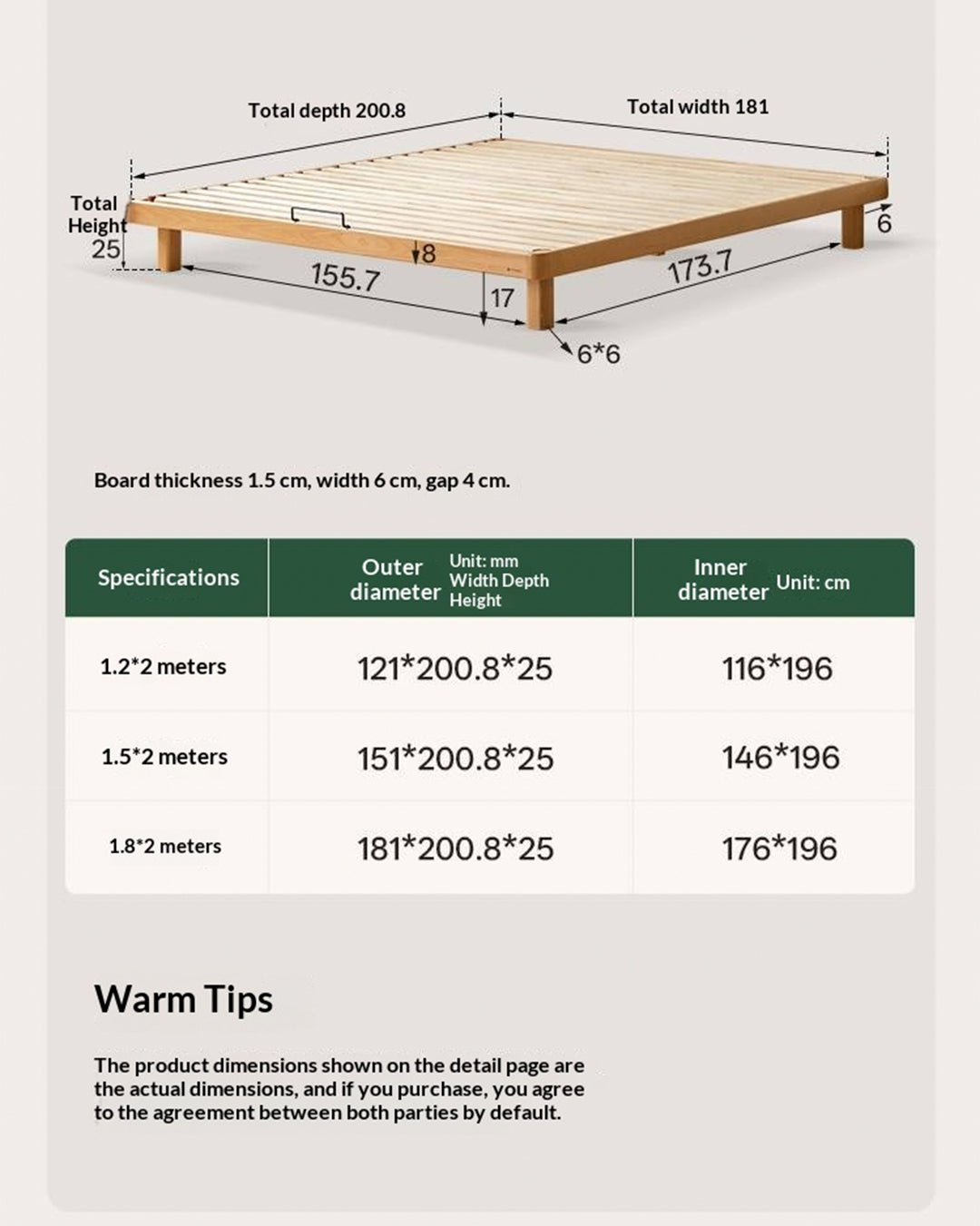 Beech, Rubberwood Solid Wood Platform Bed, Headboard-Free Bed with Flat Edge