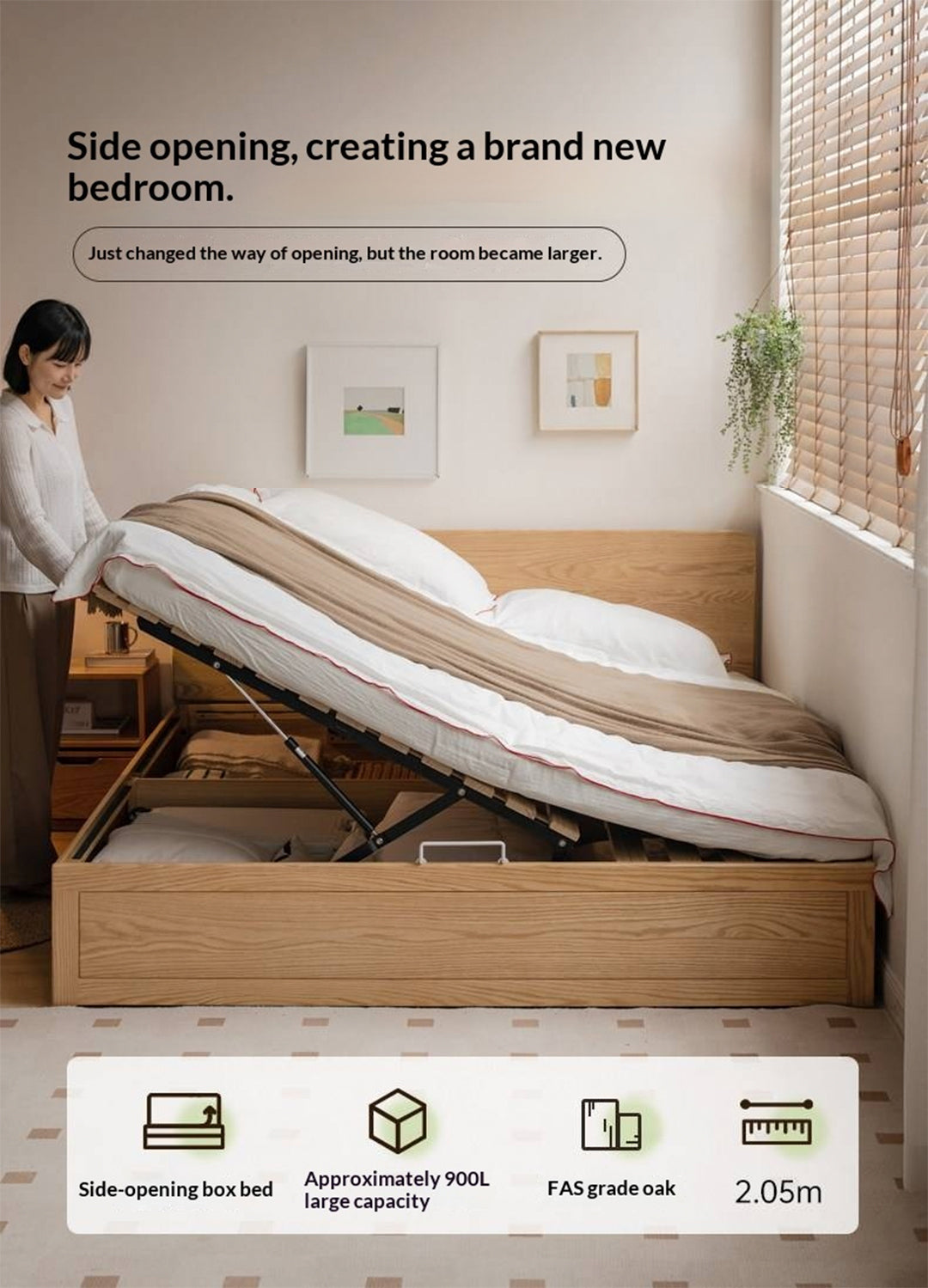 Oak, Beech Solid Wood Box Bed — Minimalist Side-Opening Storage Bed