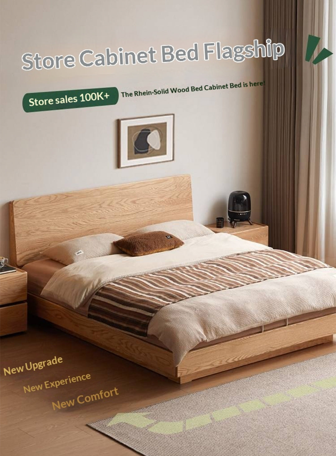 Oak Solid Wood Bed — Modern Minimalist Slab Box Design