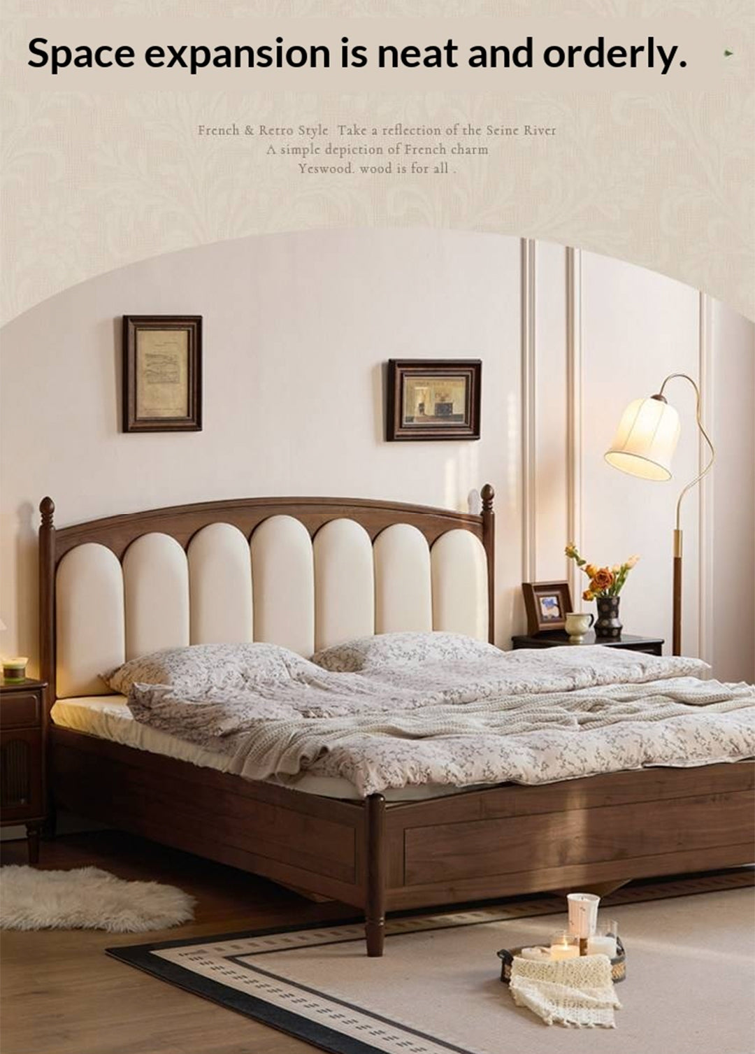 Black Walnut Solid Wood Box Bed — French Retro Style with Genuine Leather and Piano Key Design