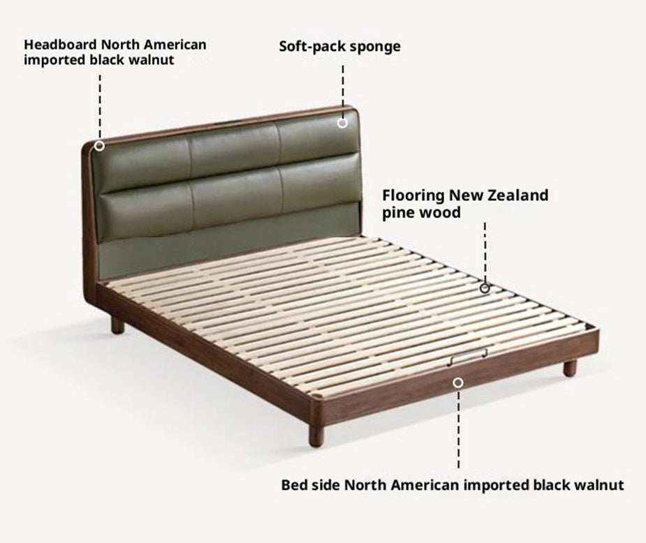 Black Walnut, Teak Solid Wood Luxury Genuine Leather Bed
