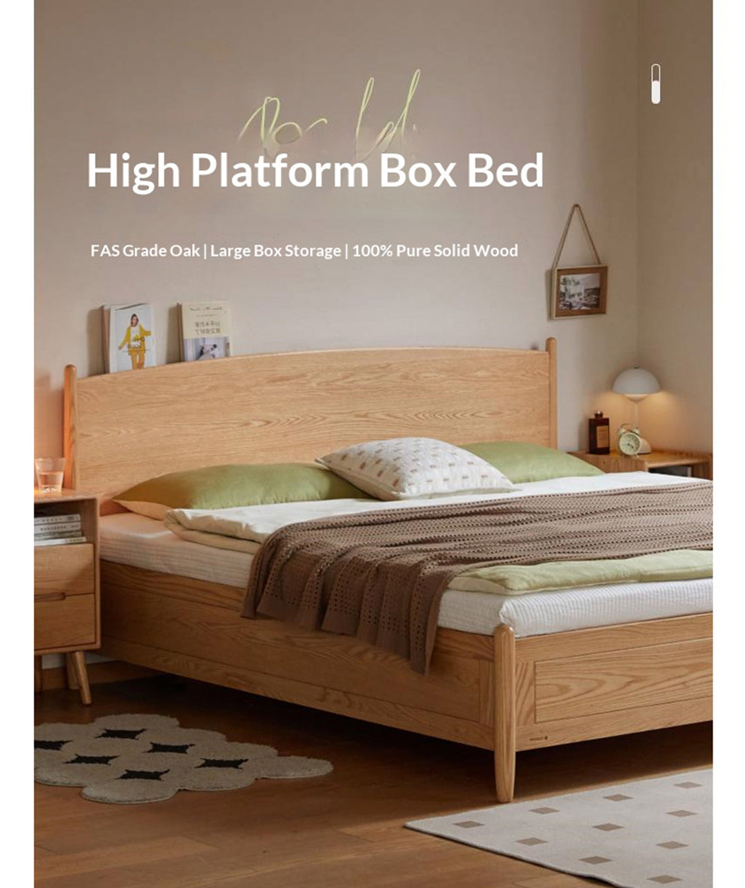 Oak Solid Wood Box Bed, Modern Minimalist