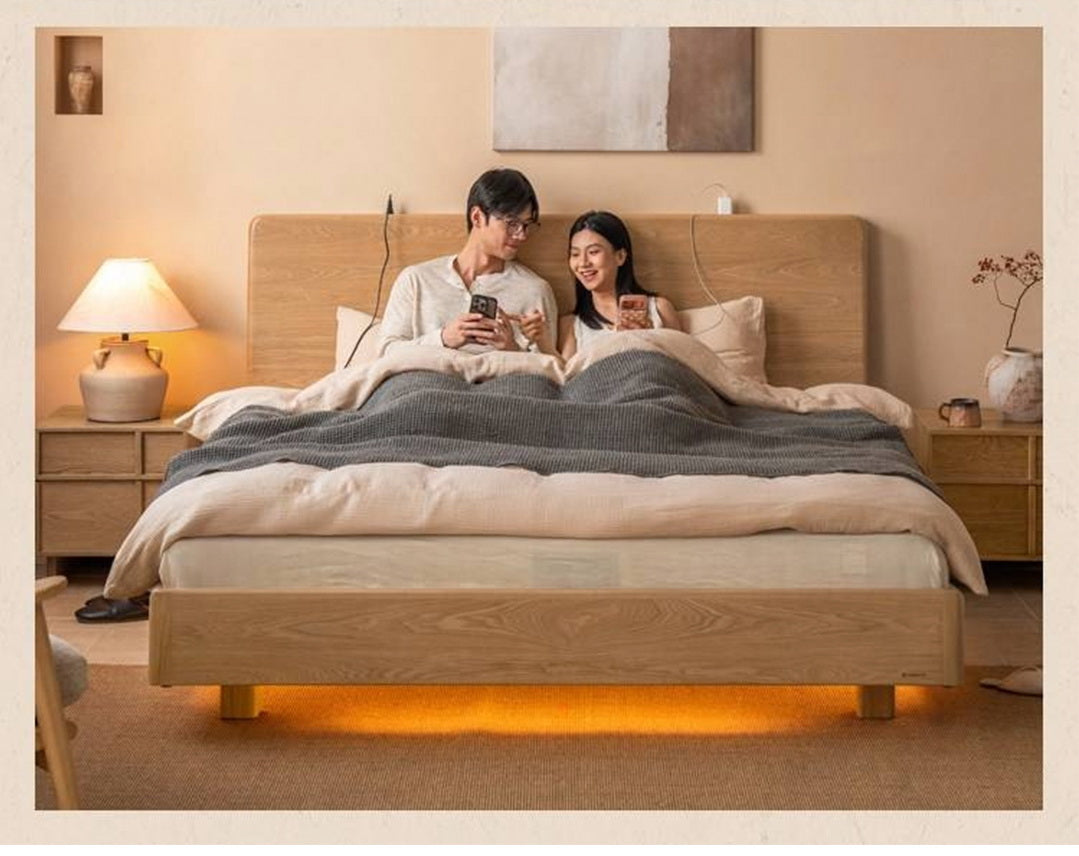 Ash Solid Wood Bed — Modern Minimalist Large Slab Design with Luminous Features