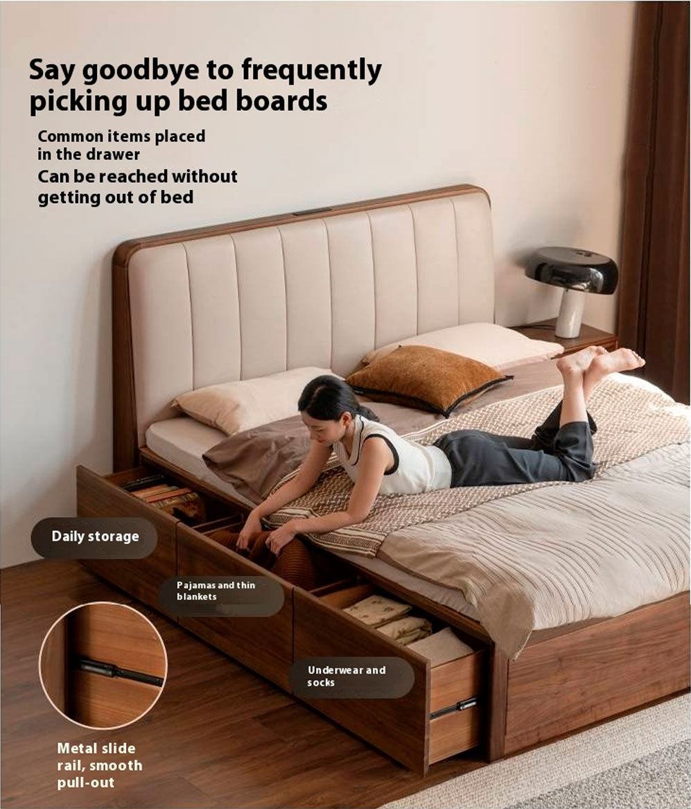 Black Walnut Solid Wood Genuine Leather Italian Light Luxury Soft Bed