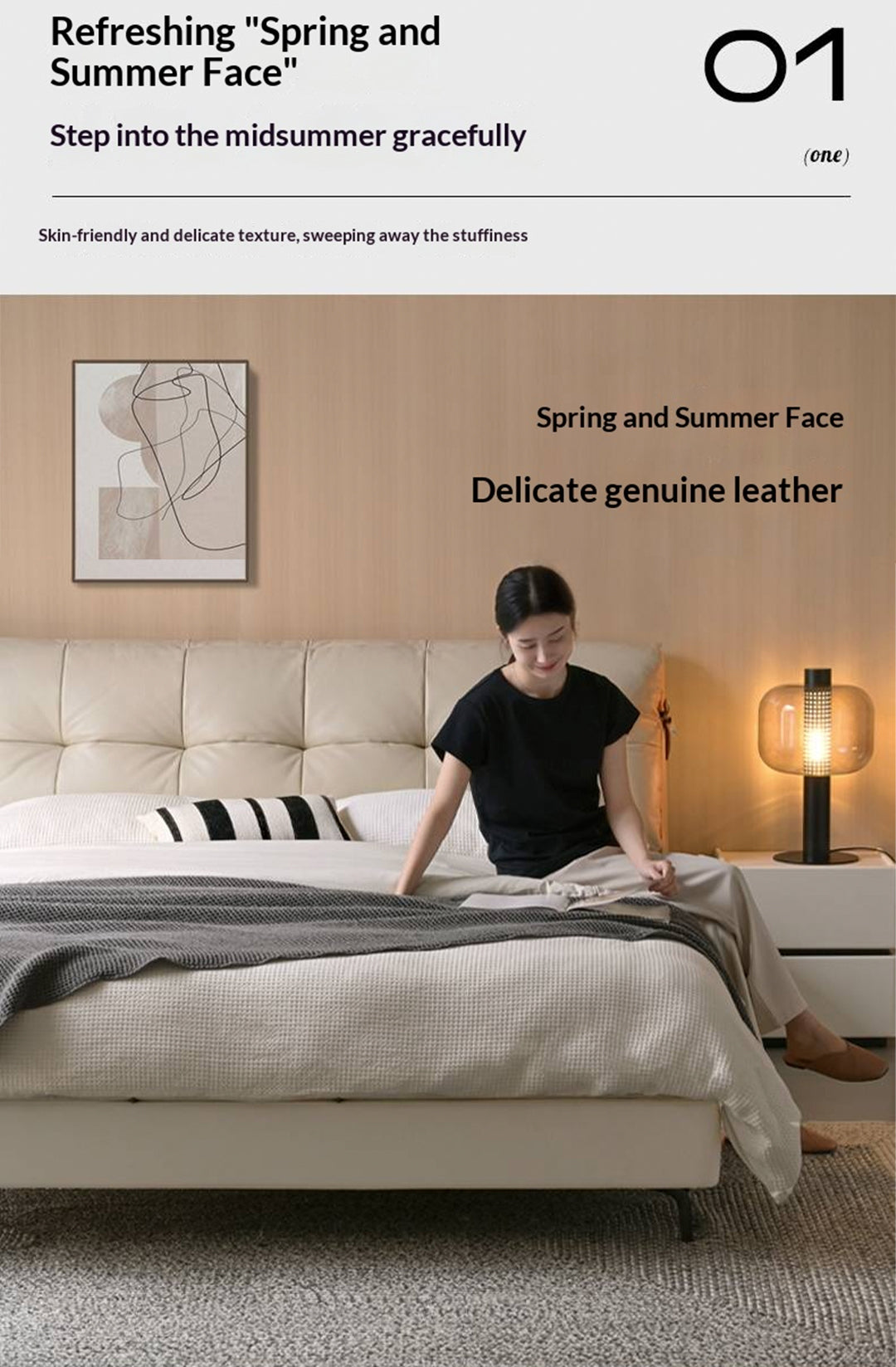 Genuine Leather Italian Light Luxury White Soft Headboard Bed