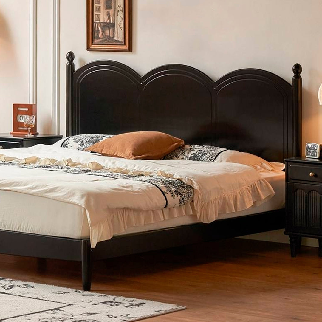 Rubberwood Solid Wood Bed — French Vintage Style, Large Slab Bed