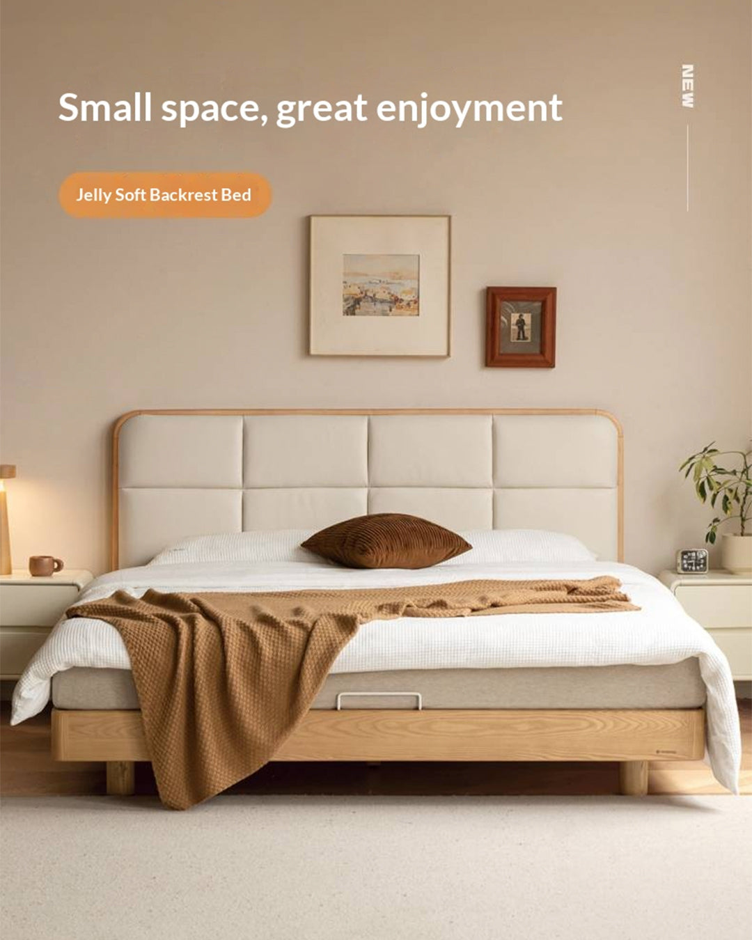 Ash Solid Wood Bed with Top Grain Cowhide Upholstery in Modern Minimalist Style