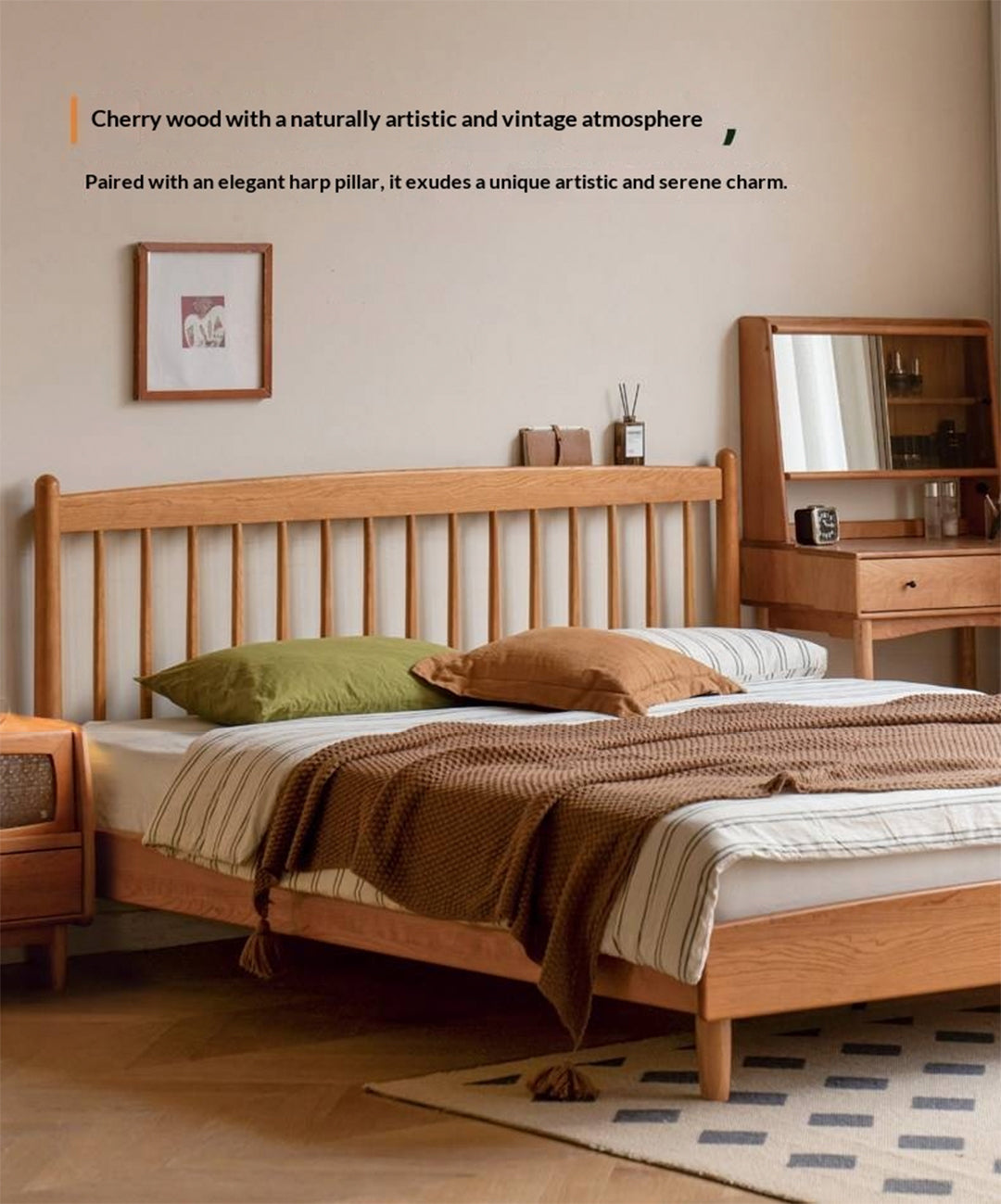 Cherry Solid Wood Bed — Simple Vintage Harp Style Bed