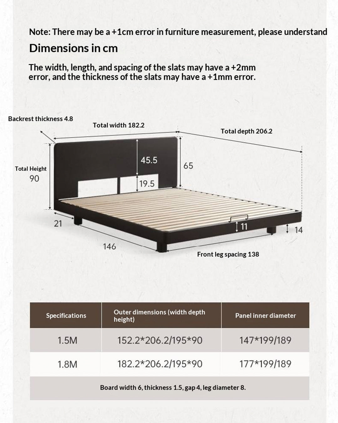 Rubberwood Solid Wood Bed — Modern Minimalist Large Slab Black Floating Bed
