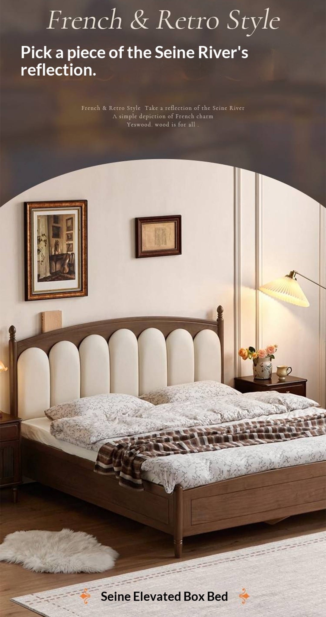 Black Walnut Solid Wood Box Bed — French Retro Style with Genuine Leather and Piano Key Design