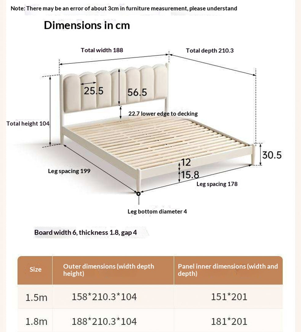 Rubberwood Solid Wood Upholstered Bed with Scalloped Headboard, French Cream Style