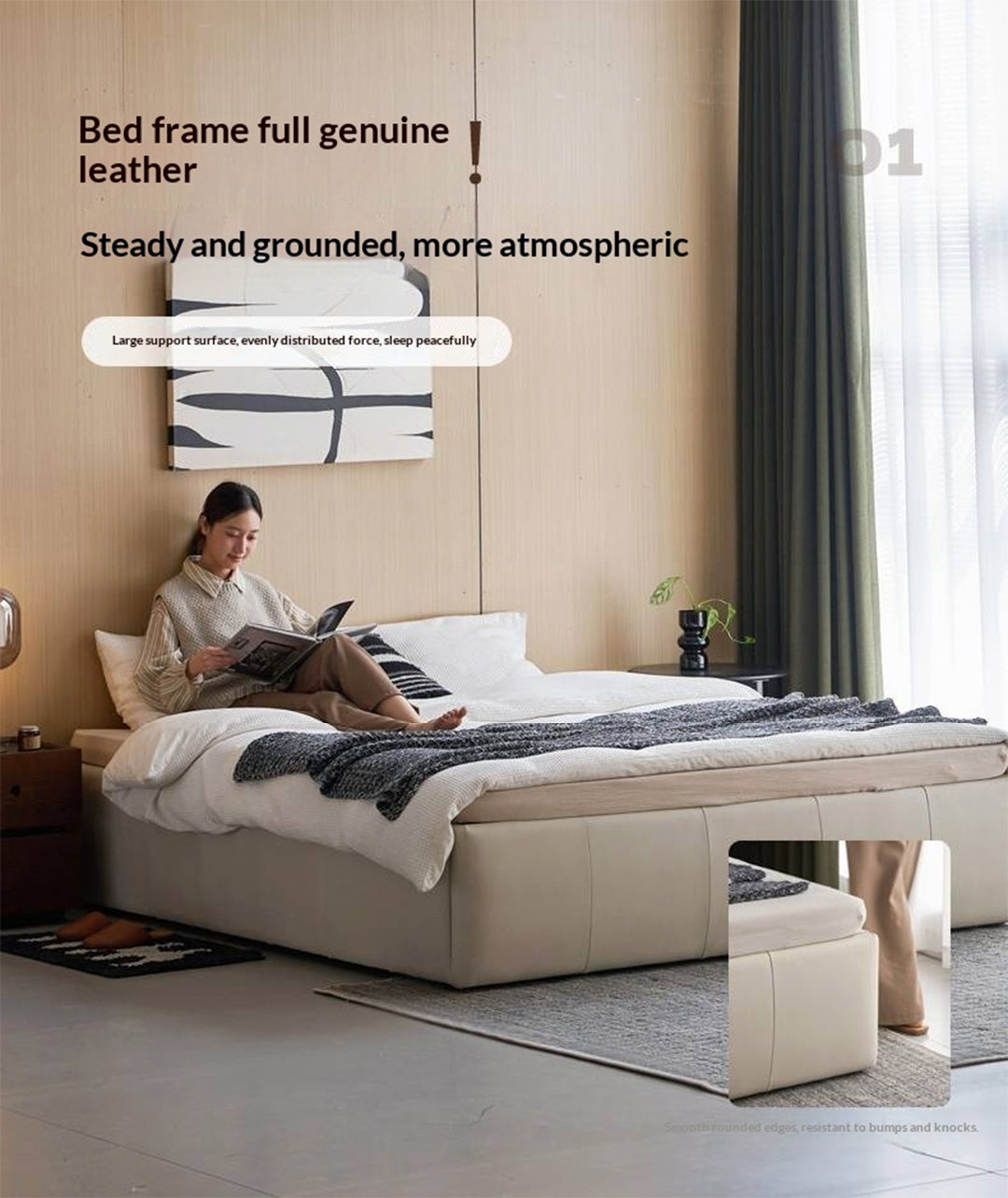Genuine Leather Luxury Platform Box Bed, Headboard-Free Bed