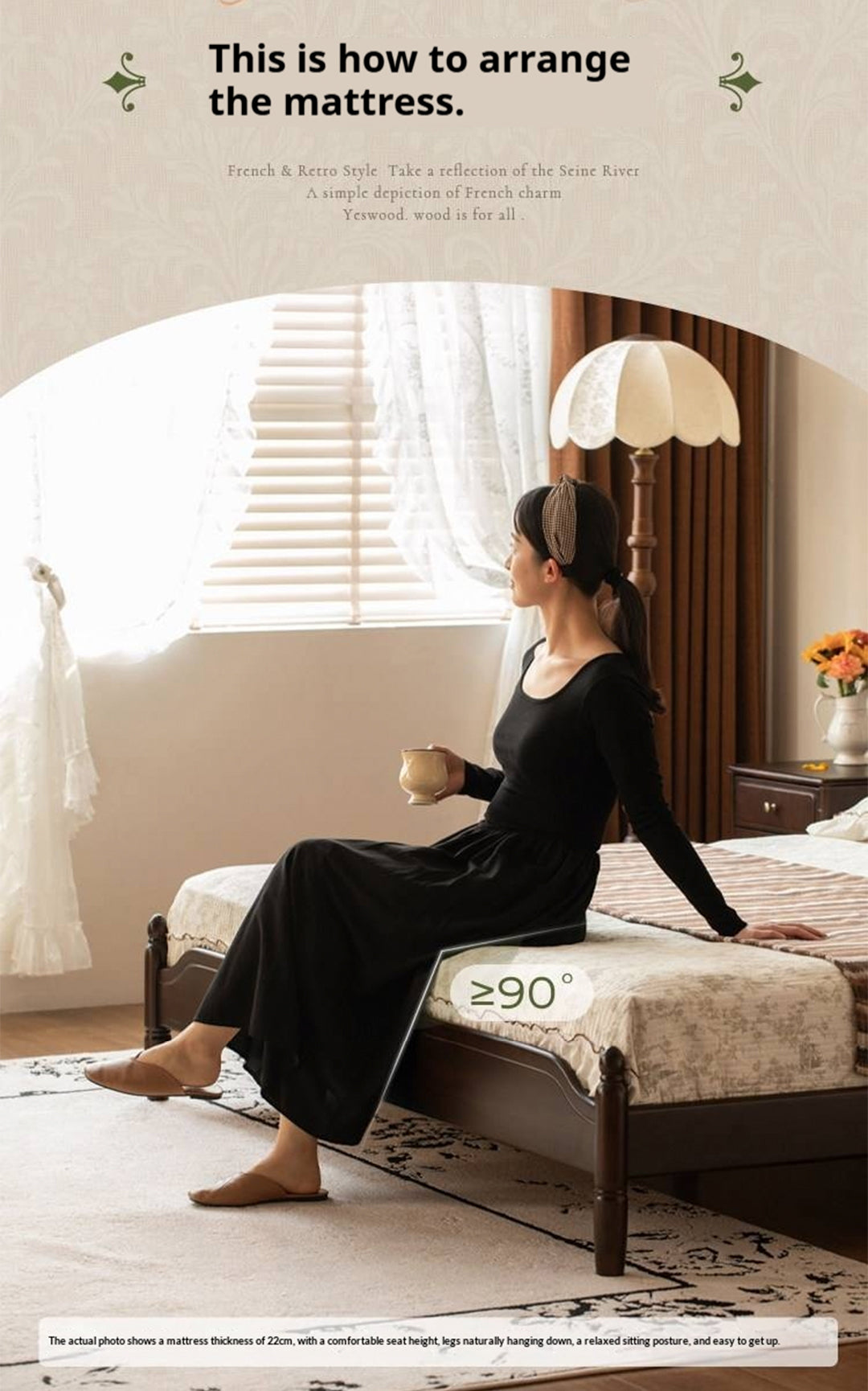 Poplar Solid Wood Bed — French Retro Style with Mid-Fashion Design