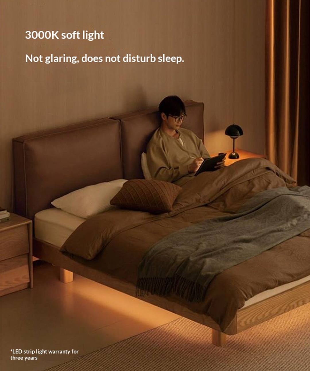 Ash Solid Wood Floating Bed — Modern Minimalist, Genuine Leather Upholstery