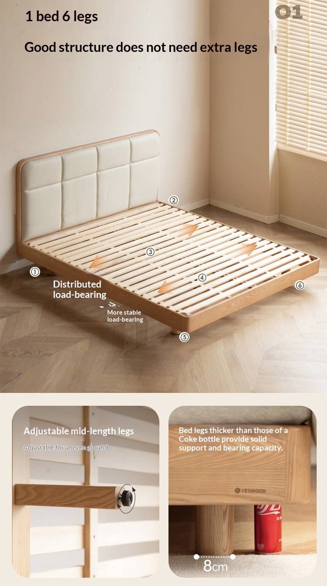 Ash Solid Wood Bed with Top Grain Cowhide Upholstery in Modern Minimalist Style