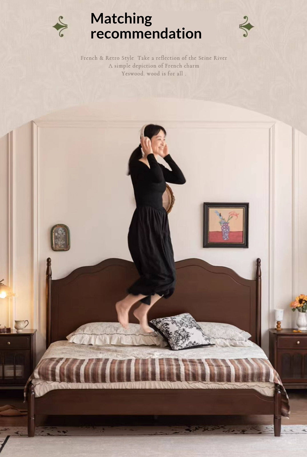 Poplar Solid Wood Bed — French Retro Style with Mid-Fashion Design