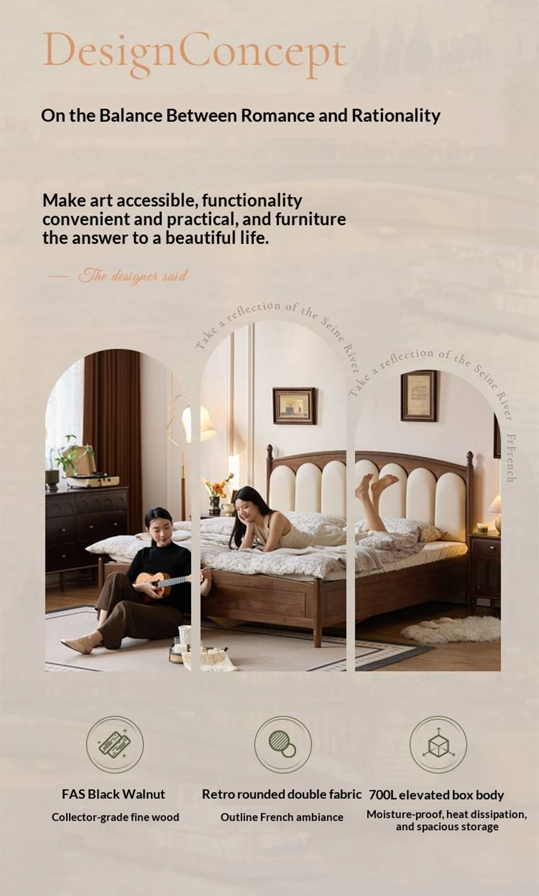 Black Walnut Solid Wood Box Bed — French Retro Style with Genuine Leather and Piano Key Design