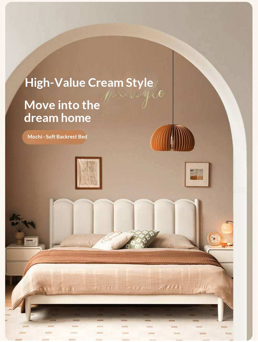 Rubberwood Solid Wood Upholstered Bed with Scalloped Headboard, French Cream Style