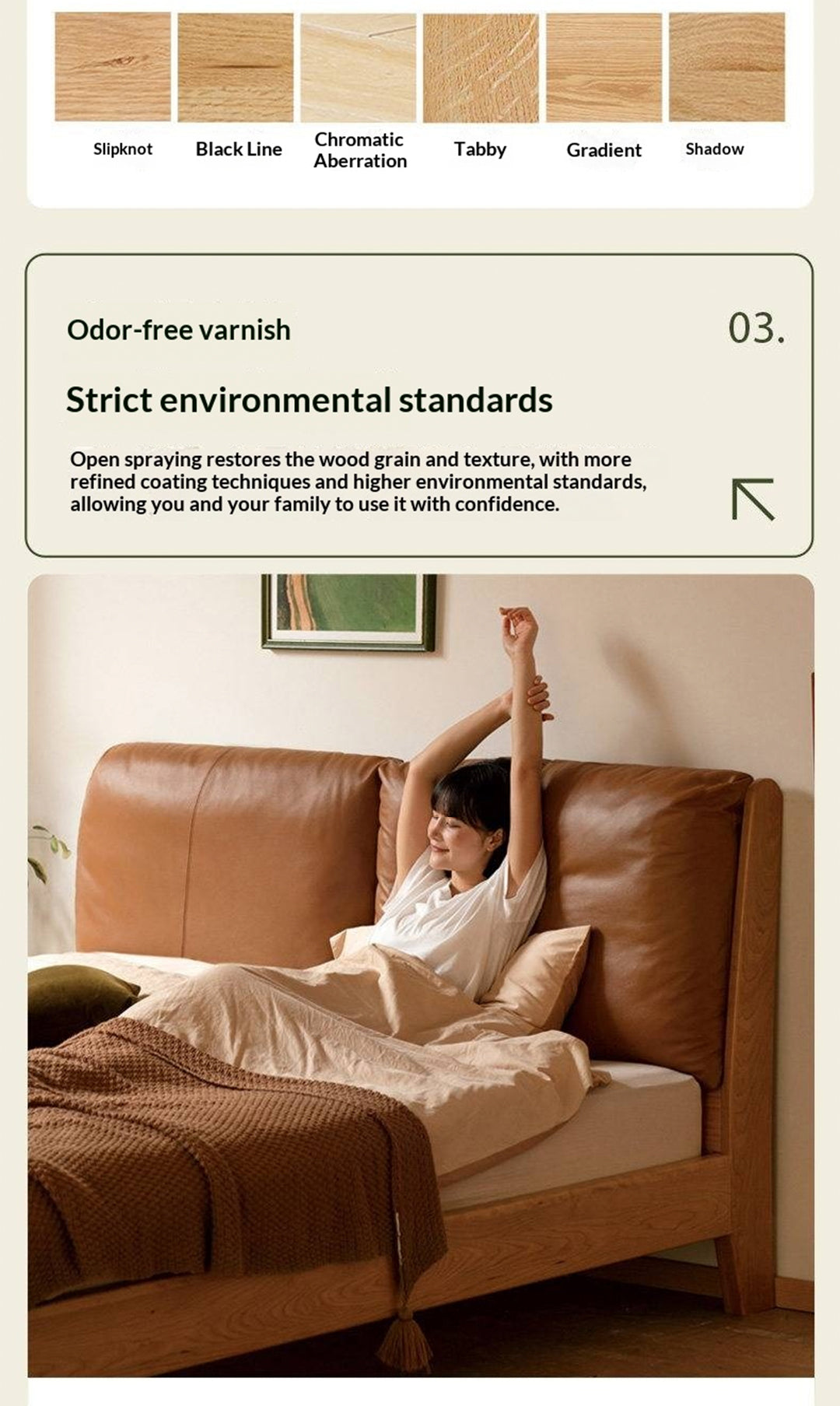 Cherry Solid Wood Bed — Retro Style with Genuine Leather Upholstery