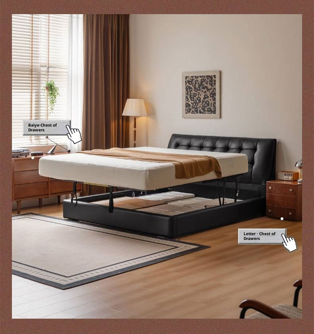 Genuine Leather Black Light Luxury Soft Box Bed