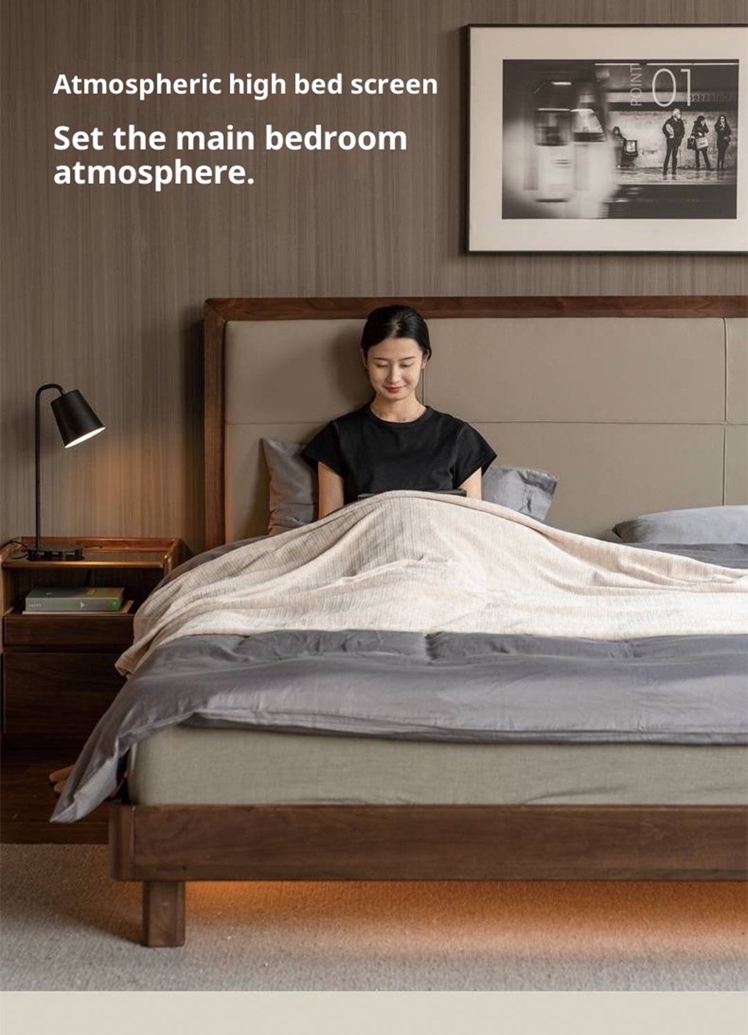 Black Walnut, Oak Solid Wood Italian Light Luxury Genuine Leather Soft Headboard Luminous Bed