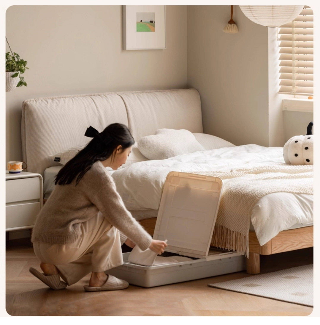 Oak Solid Wood Bed — Cream Style Upholstered Suspended Luminous Bed