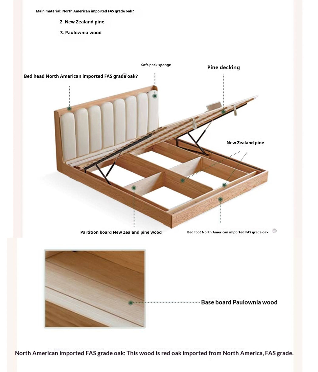 Oak Solid Wood Box Bed — Suspension and Upholstered with Genuine Leather Piano Key Design