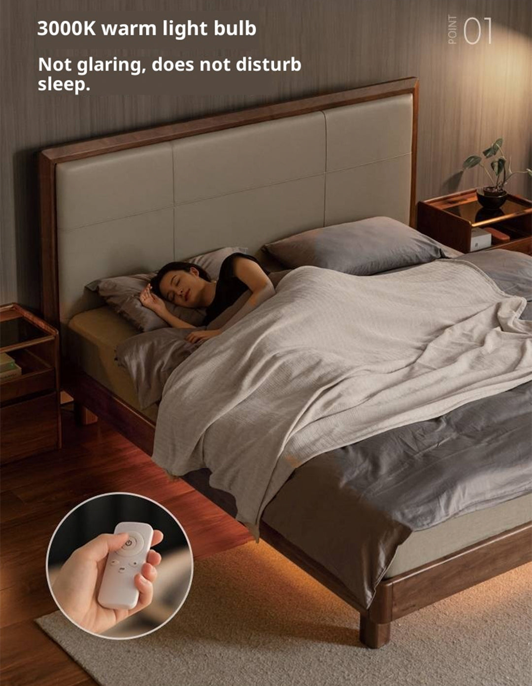 Black Walnut, Oak Solid Wood Italian Light Luxury Genuine Leather Soft Headboard Luminous Bed