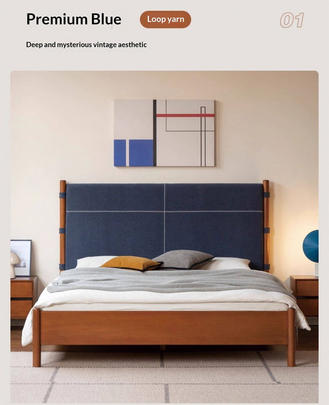 Poplar Solid Wood Bed with Vintage High Backrest and Soft Upholstery