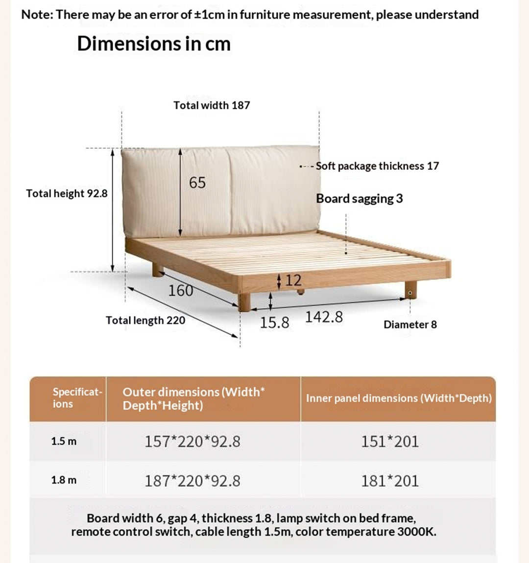 Oak Solid Wood Bed — Cream Style Upholstered Suspended Luminous Bed