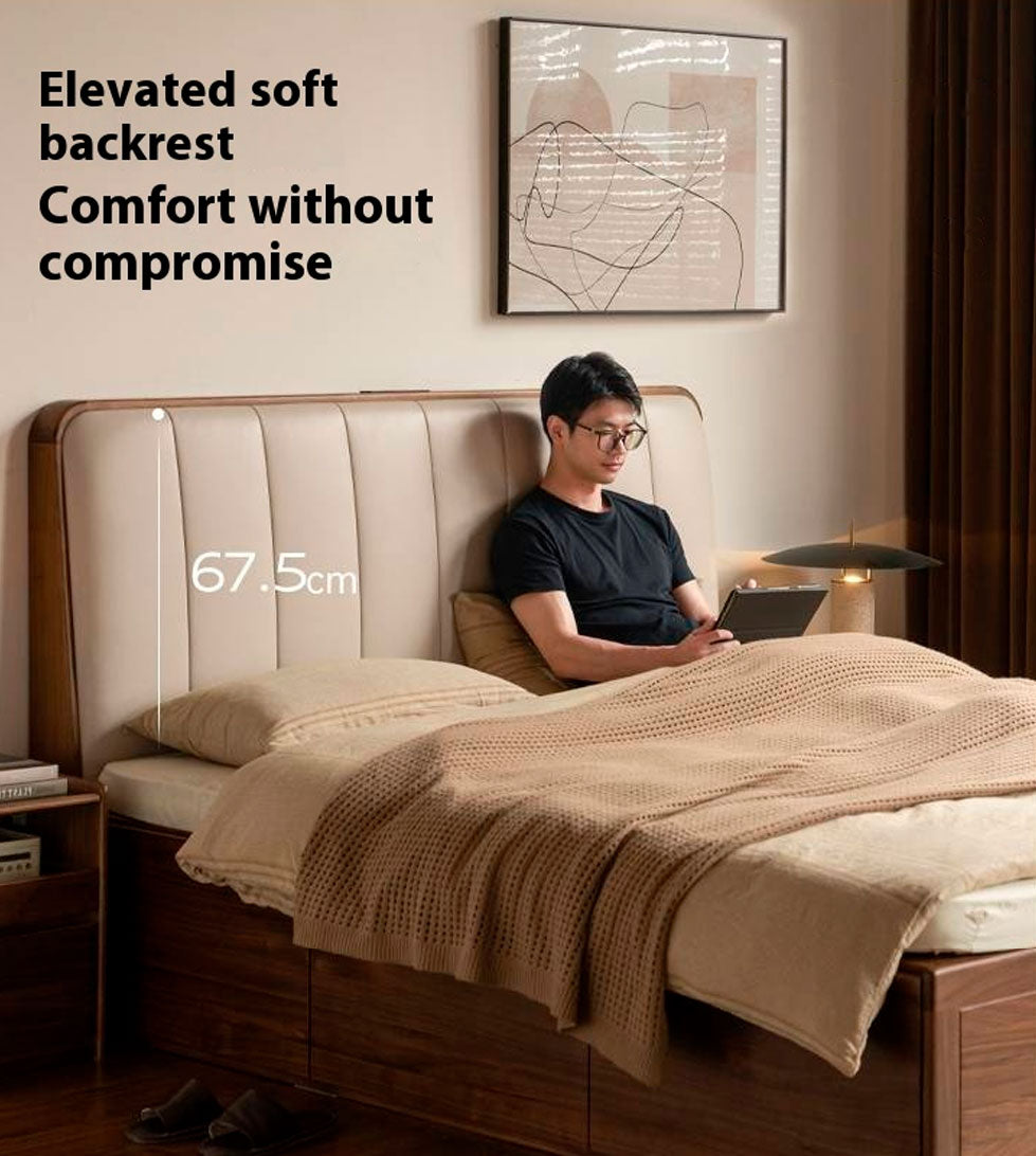 Black Walnut Solid Wood Genuine Leather Italian Light Luxury Soft Bed