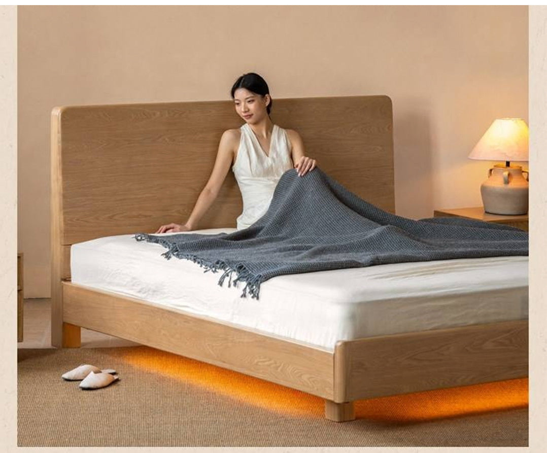Ash Solid Wood Bed — Modern Minimalist Large Slab Design with Luminous Features