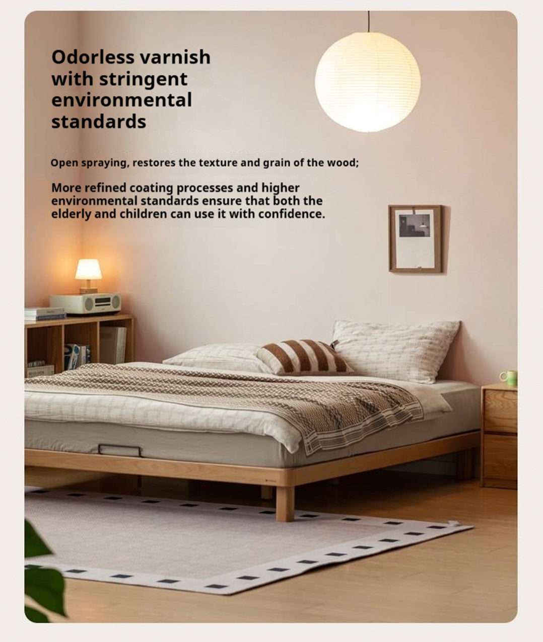 Beech, Rubberwood Solid Wood Platform Bed, Headboard-Free Bed with Flat Edge