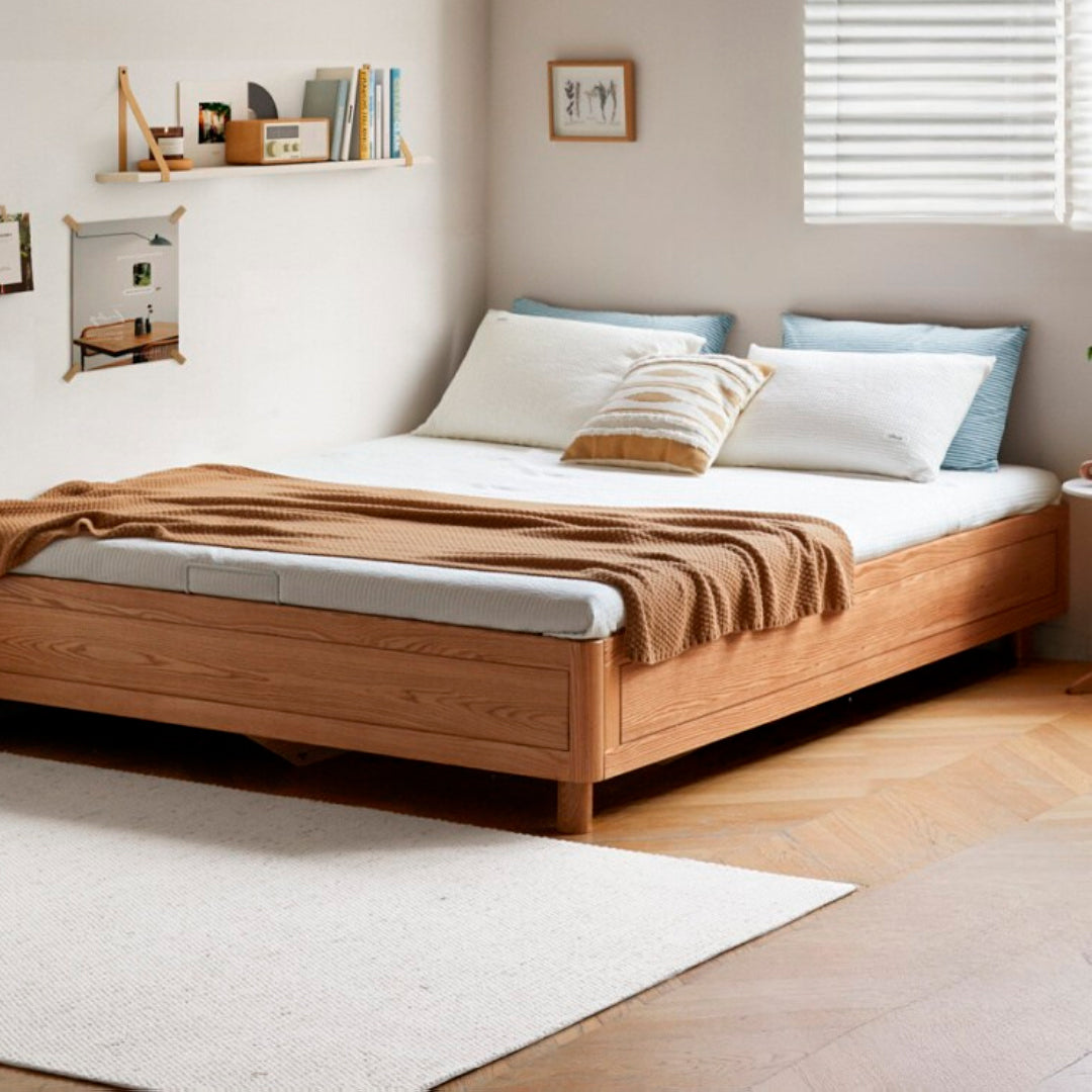Oak Solid Wood Platform Box Bed, Headboard-Free Box Bed