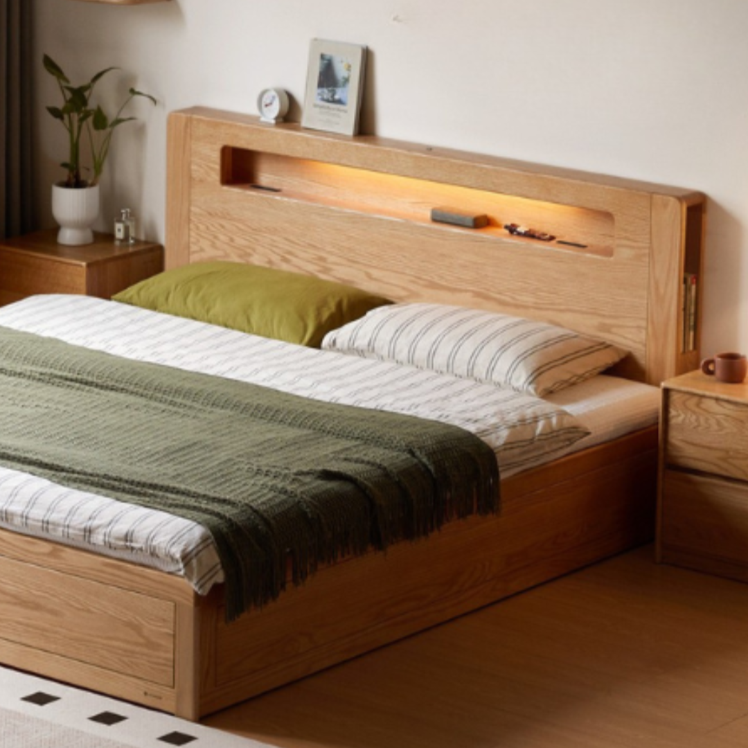 Oak Solid Wood Modern Minimalist Multifunctional with Light Box Bed