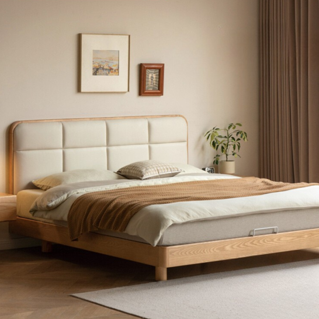 Ash Solid Wood Bed with Top Grain Cowhide Upholstery in Modern Minimalist Style