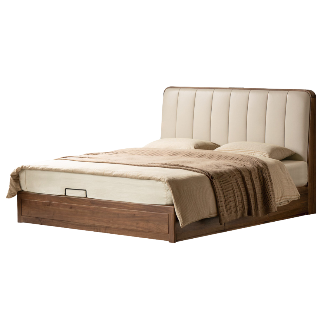 Teak, Black Walnut Solid Wood Bed Leather Soft Bed with Socket