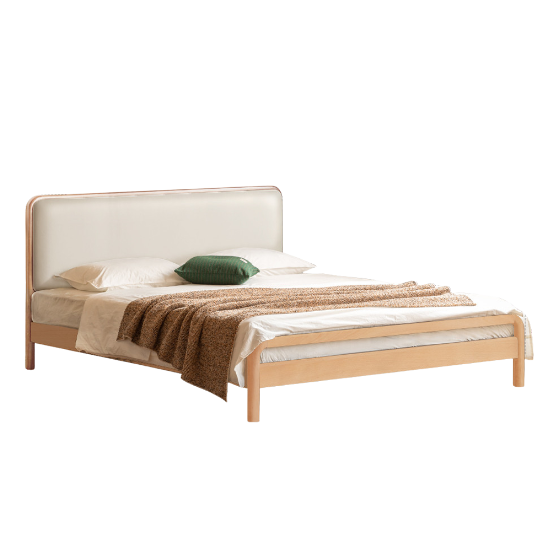Beech Solid Wood Genuine Leather Soft Headboard Bed