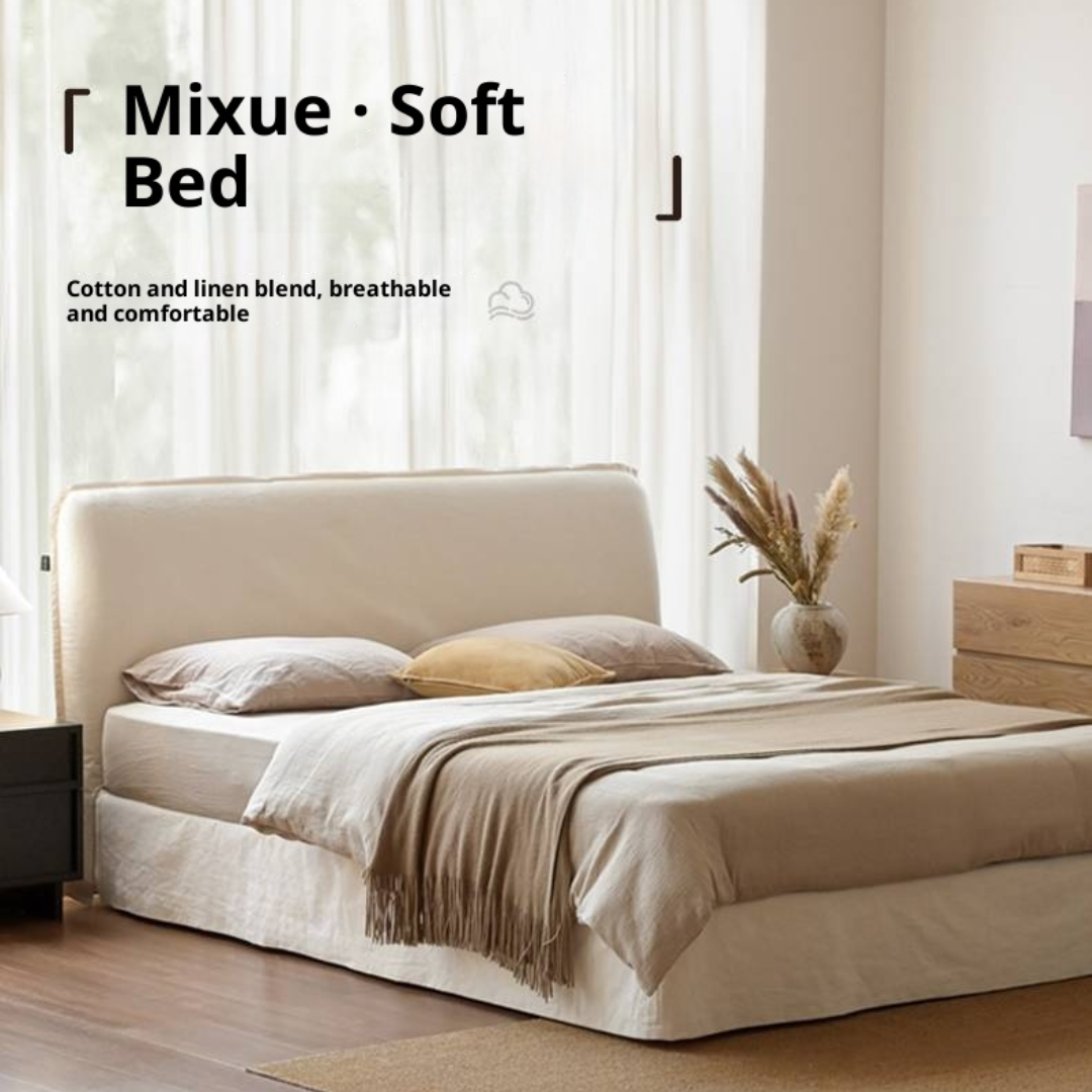 Fabric White Cotton Linen Edge Bed Wabi-sabi Style