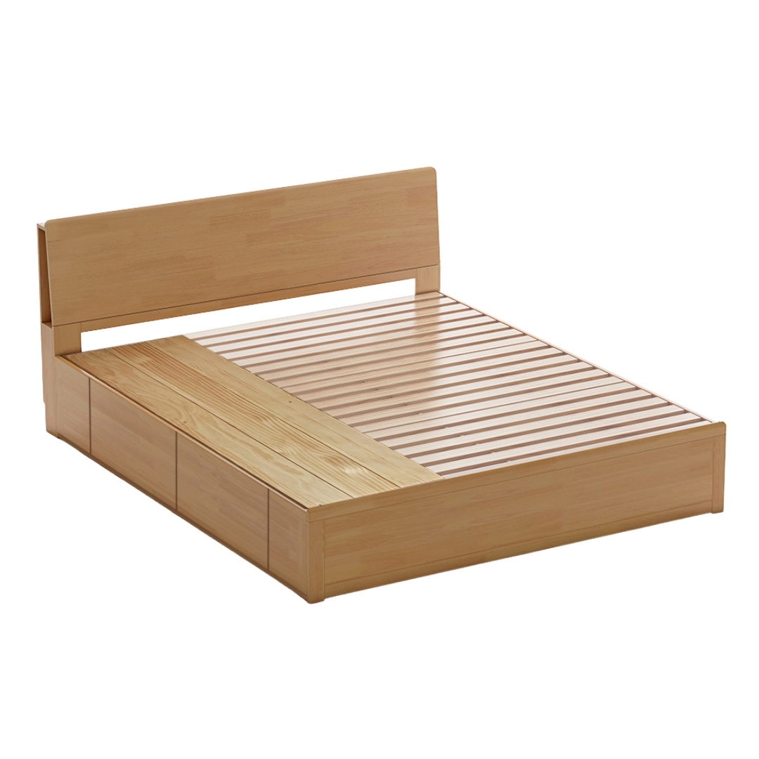 Oak, Rubberwood Solid Wood Box Bed with Light and Bookshelf