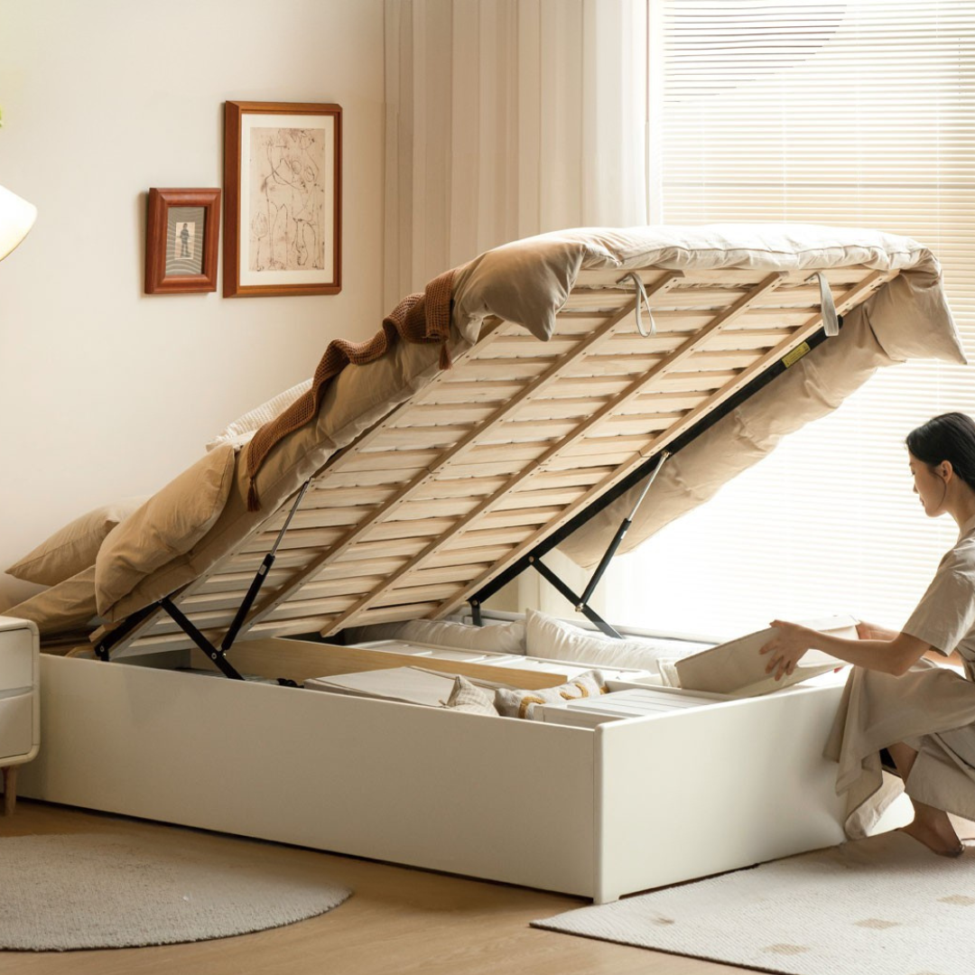 Rubberwood Solid Wood Platform Bed, Headboard-Free Box Bed Cream Style