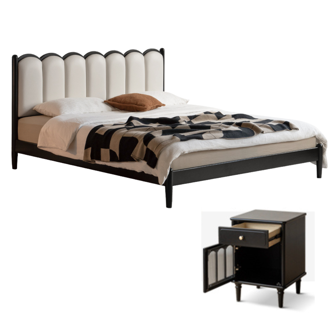 Rubber wood, Poplar Solid Wood Bed French Retro Style Black Harp Bed