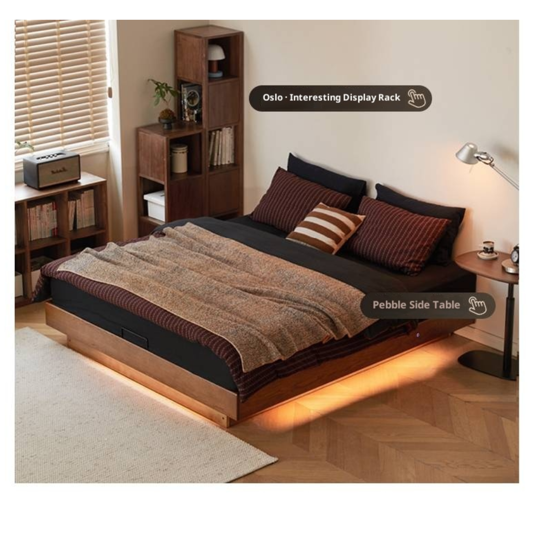 Oak Solid Wood Floating Platform Box Bed, Headboard-Free Bed with Light Modern Minimalist