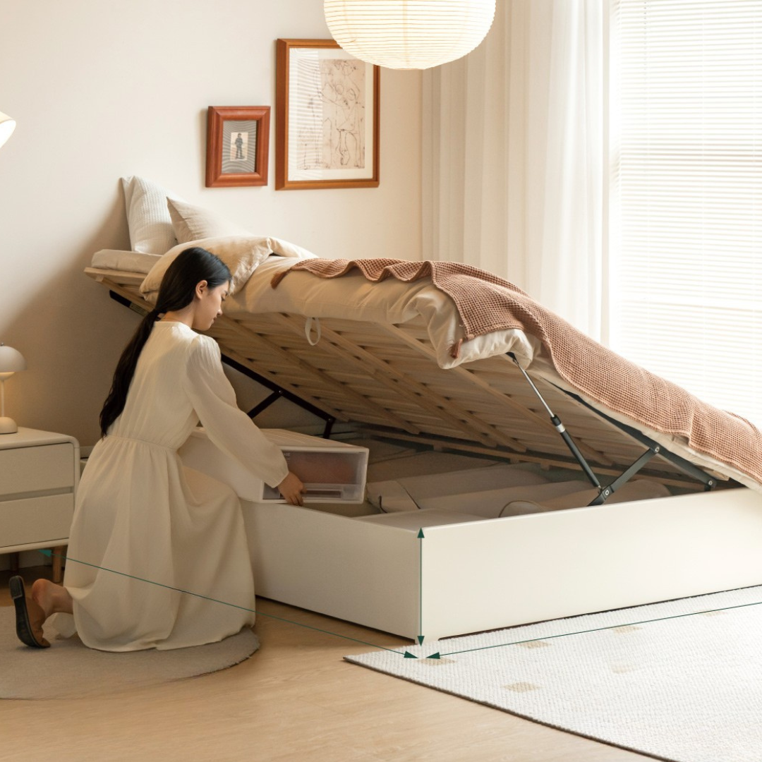 Rubberwood Solid Wood Platform Bed, Headboard-Free Box Bed Cream Style