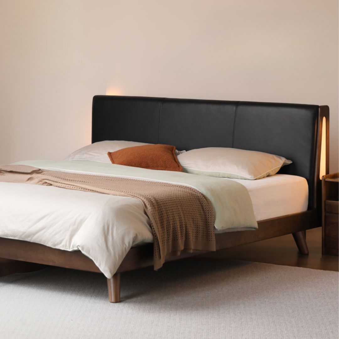 Black Walnut Solid Wood Genuine Leather Upholstered Bed