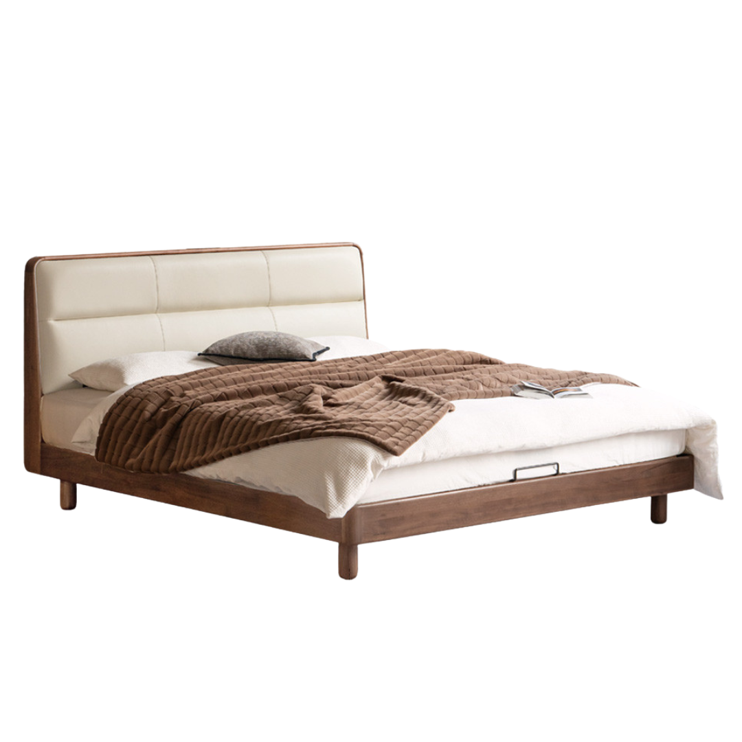 Black Walnut, Teak Solid Wood Luxury Genuine Leather Bed