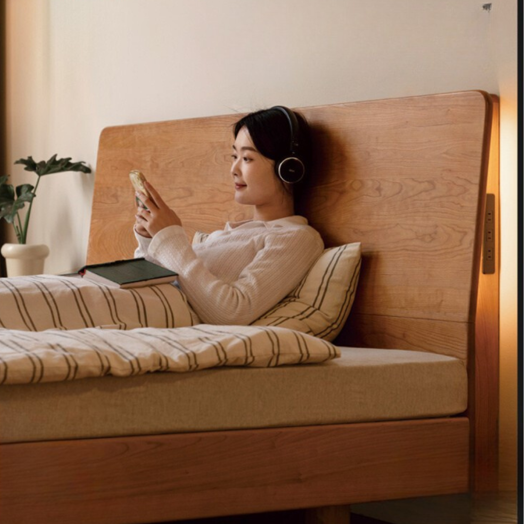 Cherry Solid Wood Suspended Bed with Light