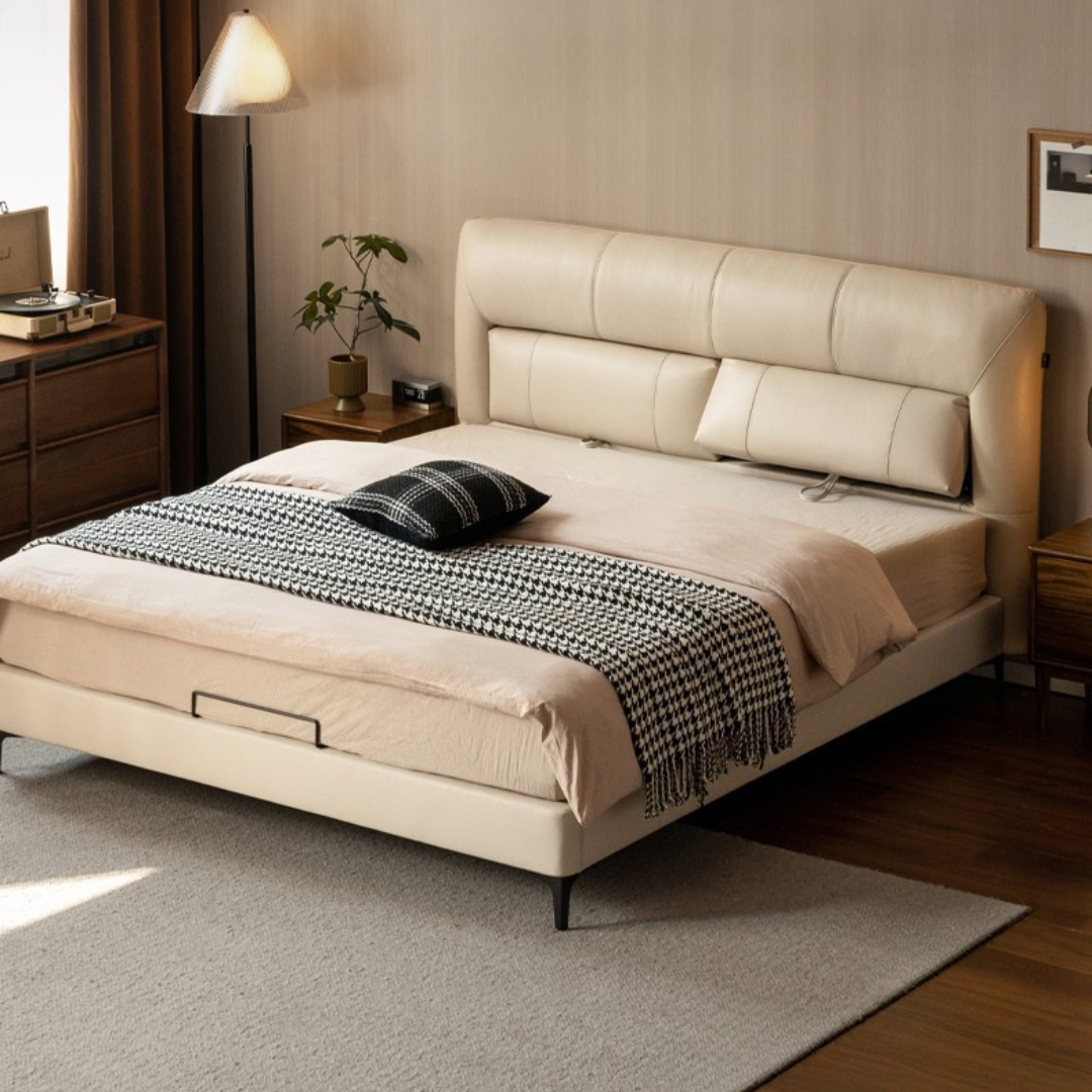 Genuine Leather Italian Light Luxury Soft Bed, White Cream Style