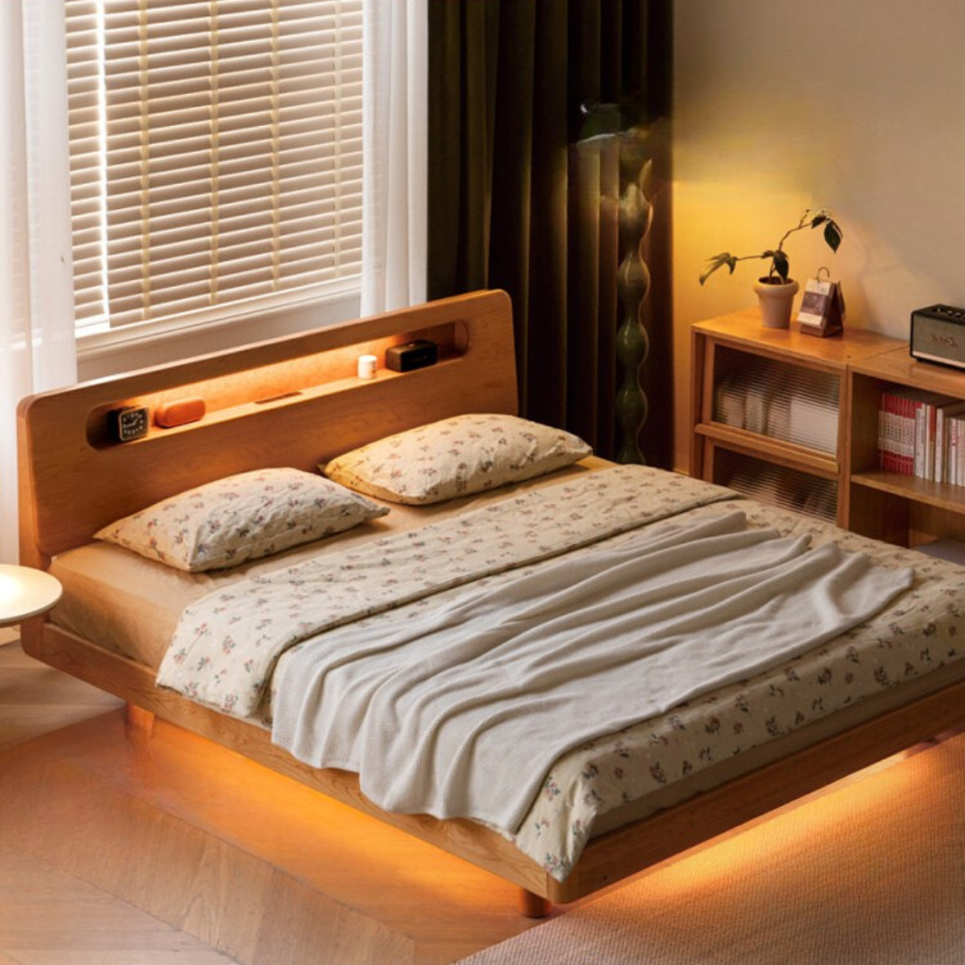Cherry Solid Wood Retro with Socket Night Light Bed
