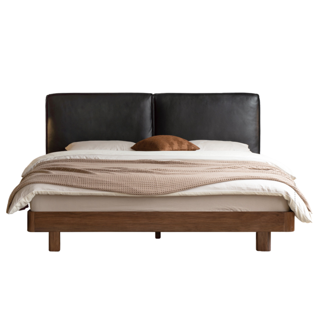 Teak, Black Walnut Solid Wood Genuine Leather Suspended Bed with Light